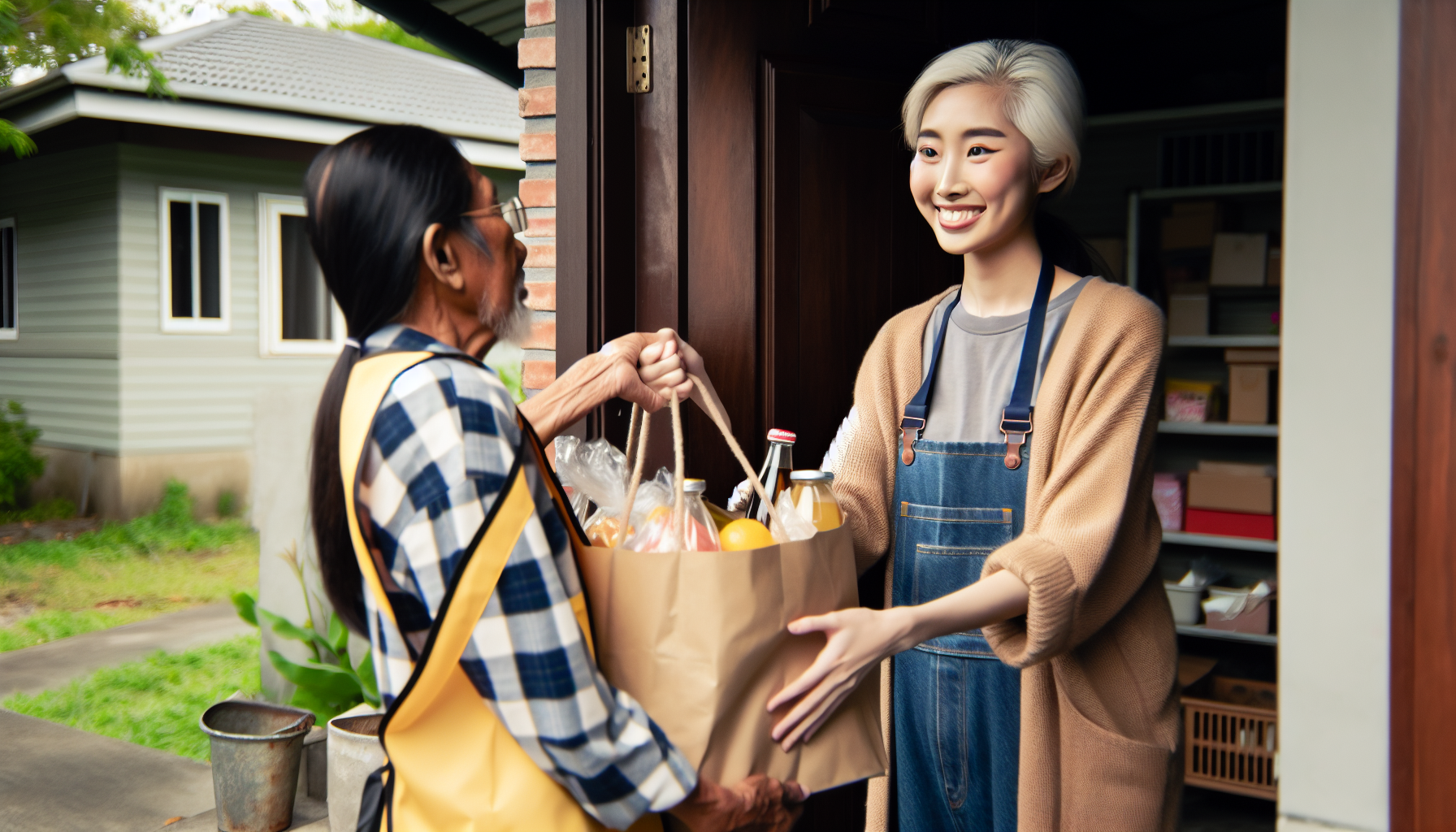 Volunteer delivering food to a grateful recipient